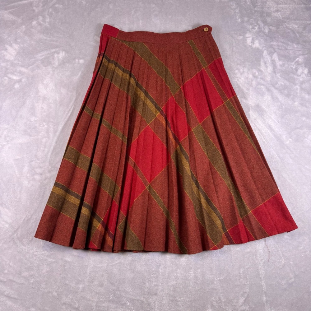 Vintage Plaid Pleated Midi Skirt Rust Red Brown Wool Blend A-Line 29 Waist
